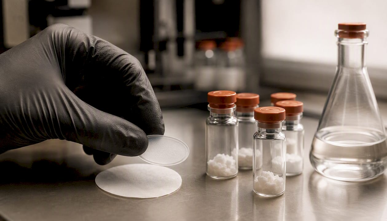 Gloved hand holding membrane disc over protein solution