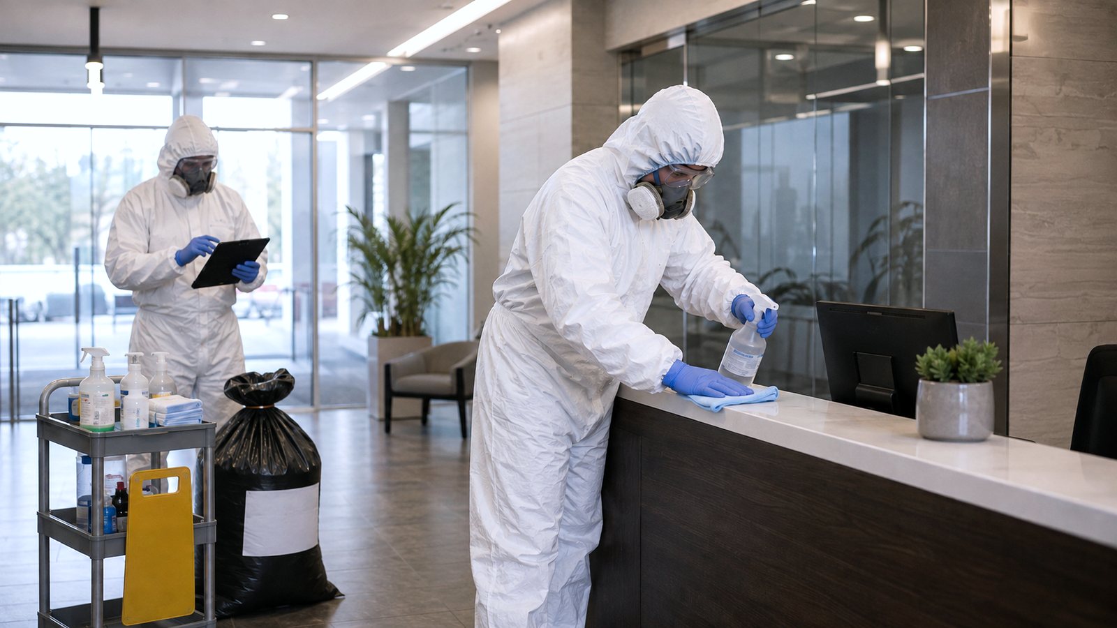 Technicians disinfecting the reception desk and surrounding surfaces of a commercial lobby.