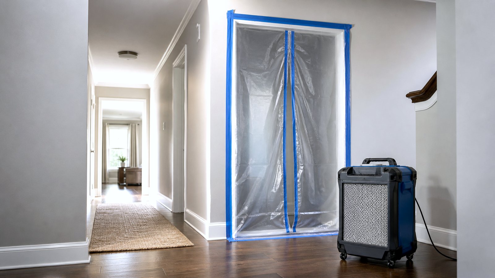 A sealed containment barrier taped across a hallway doorway with a negative air machine running beside it.
