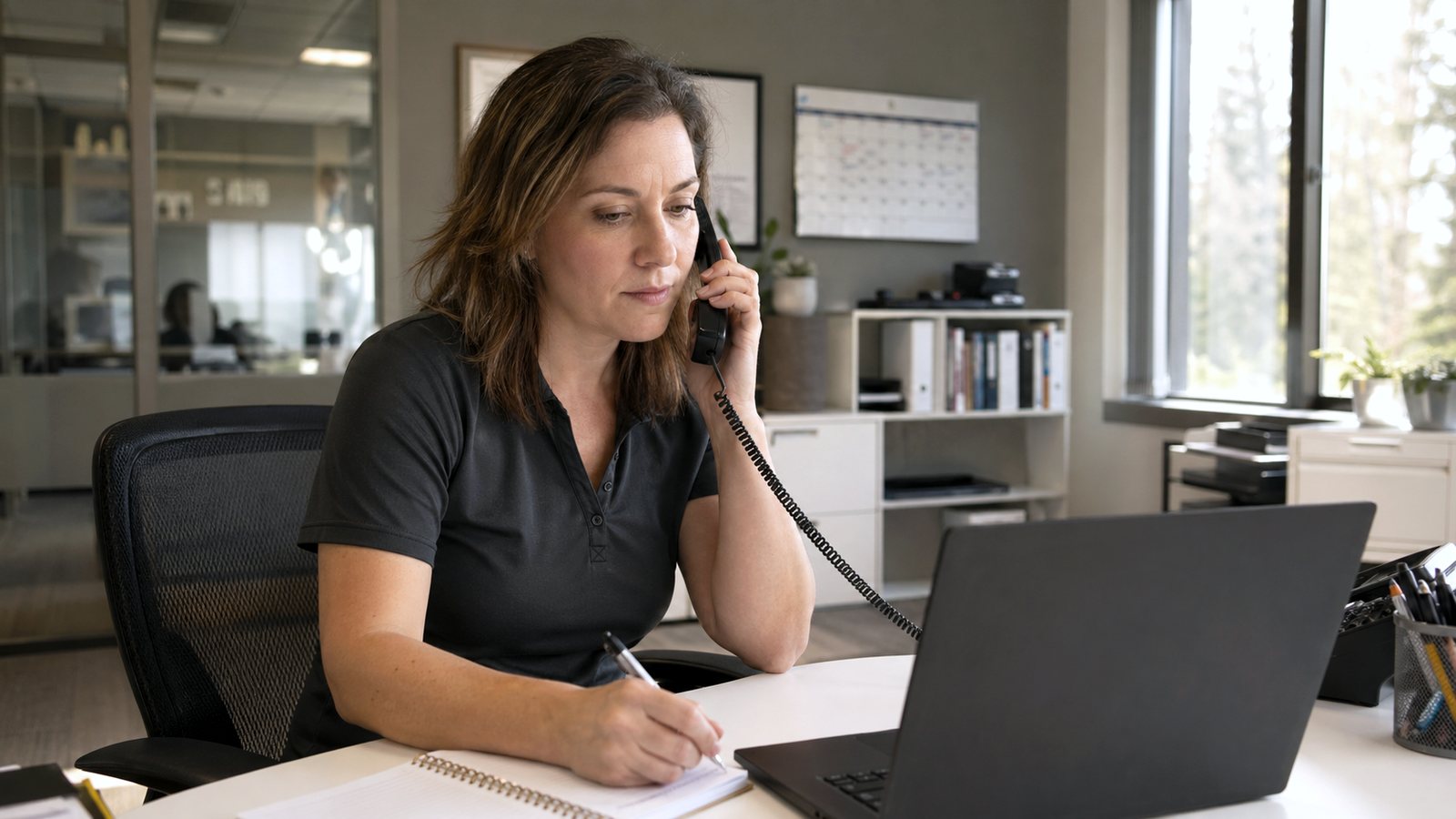 A dispatcher at a desk taking a call and writing notes beside a laptop.