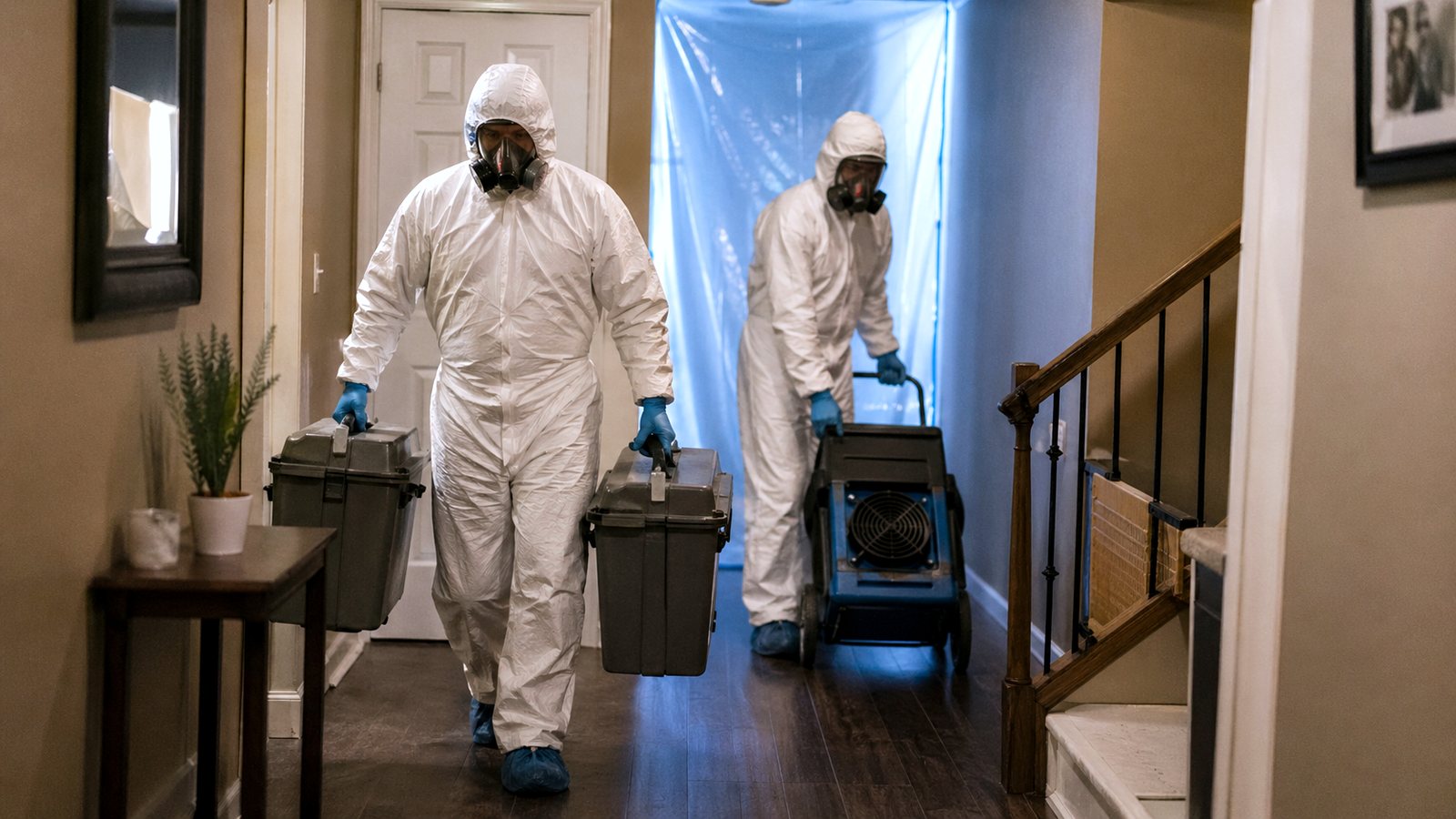 Two certified technicians in full protective equipment carrying cases through a home toward a sealed containment doorway.