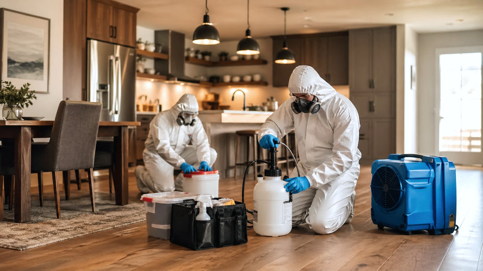 Technicians decontaminating a kitchen with pressurised sprayers and an air scrubber.