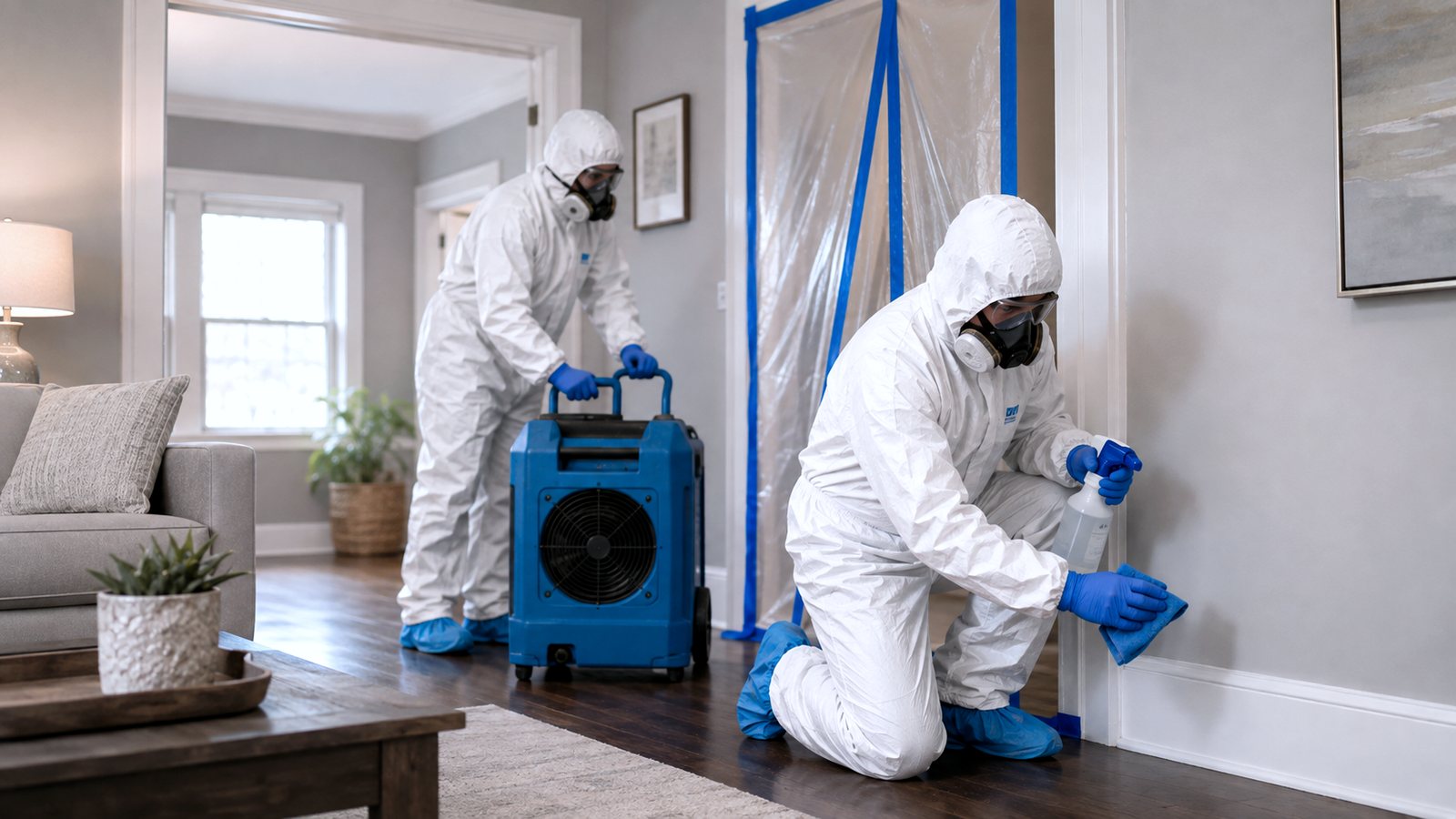 A technician in protective equipment wiping down a living room wall beside an air scrubber.