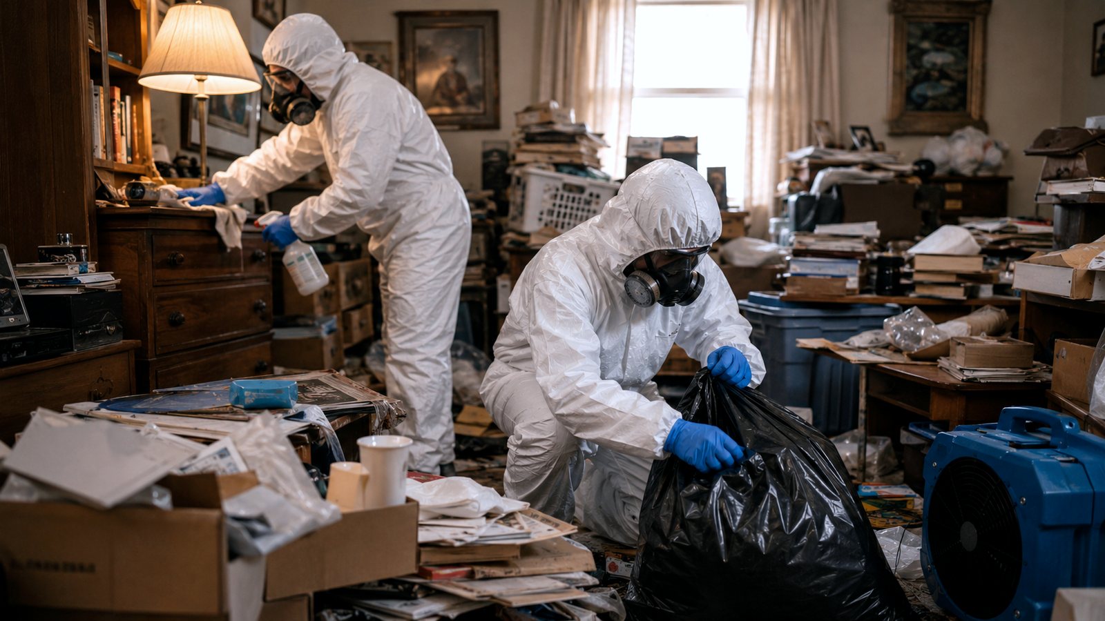 Technicians sorting and bagging material room by room during a hoarding cleanup.