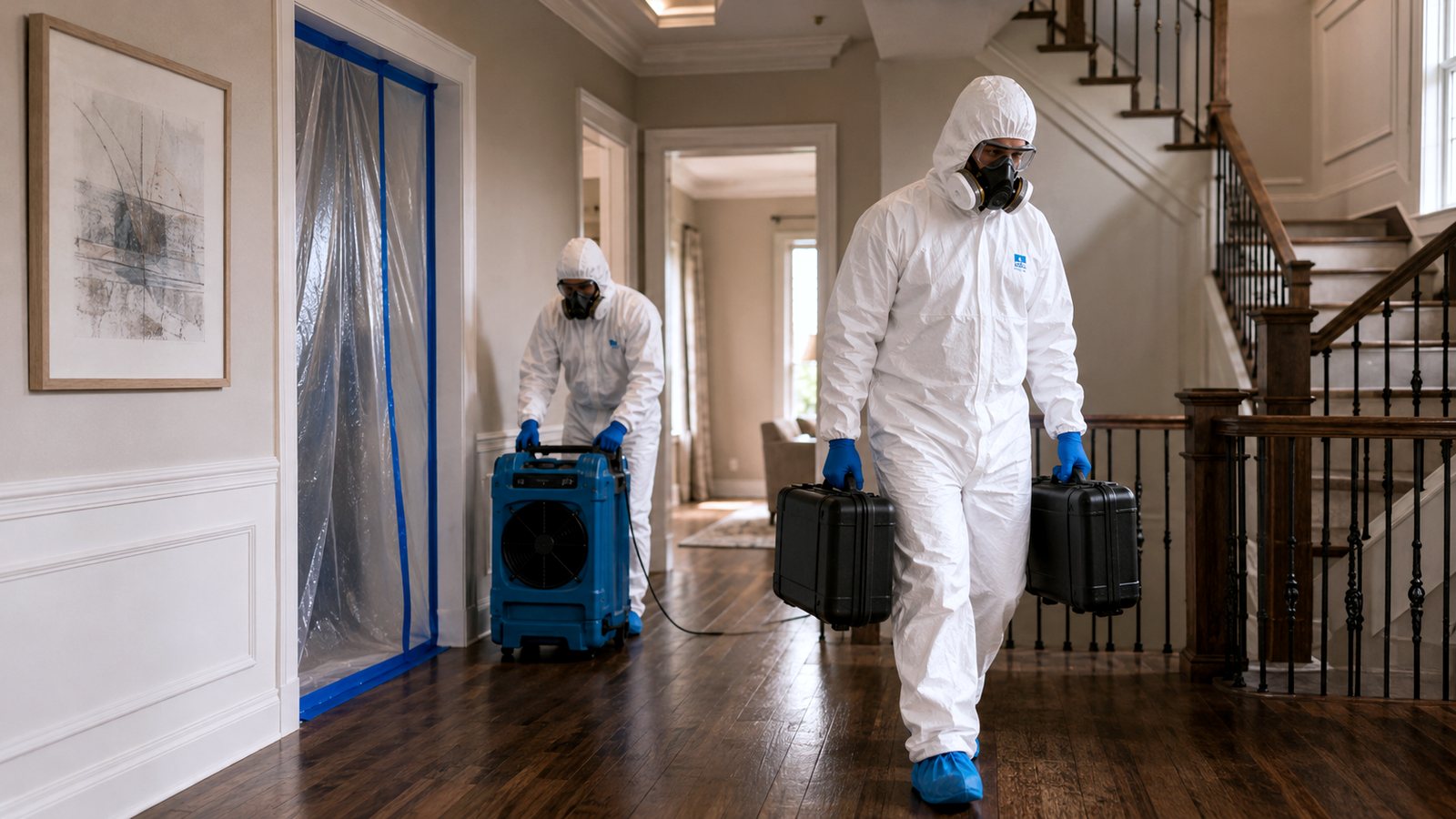 Two technicians in full protective equipment carrying equipment cases toward a sealed doorway.