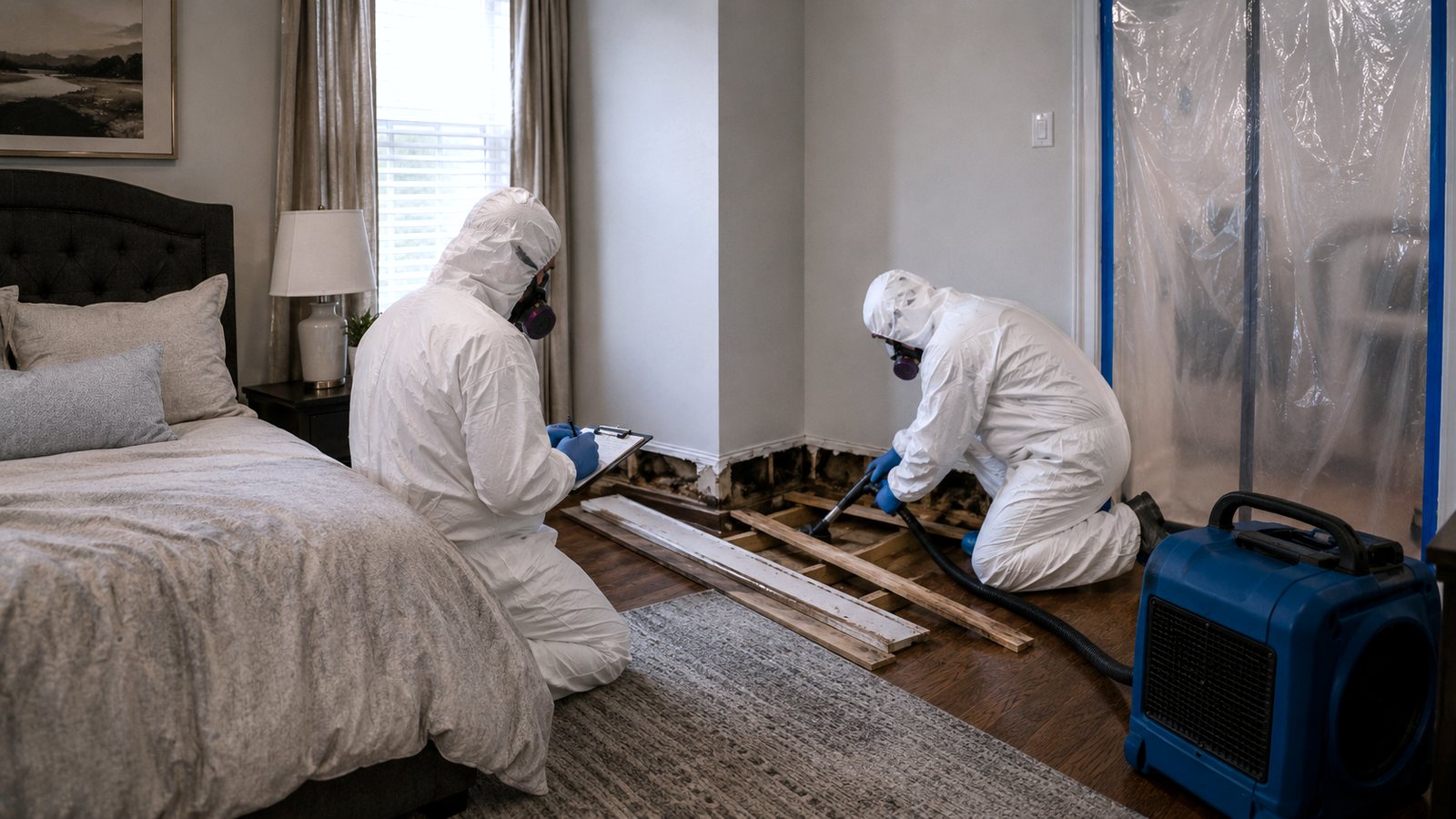 A technician lifting affected floorboards to reach the subfloor beneath a bedroom.
