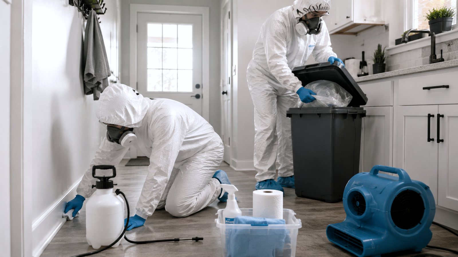 Technicians bagging contaminated material into sealed waste bins in a hallway.