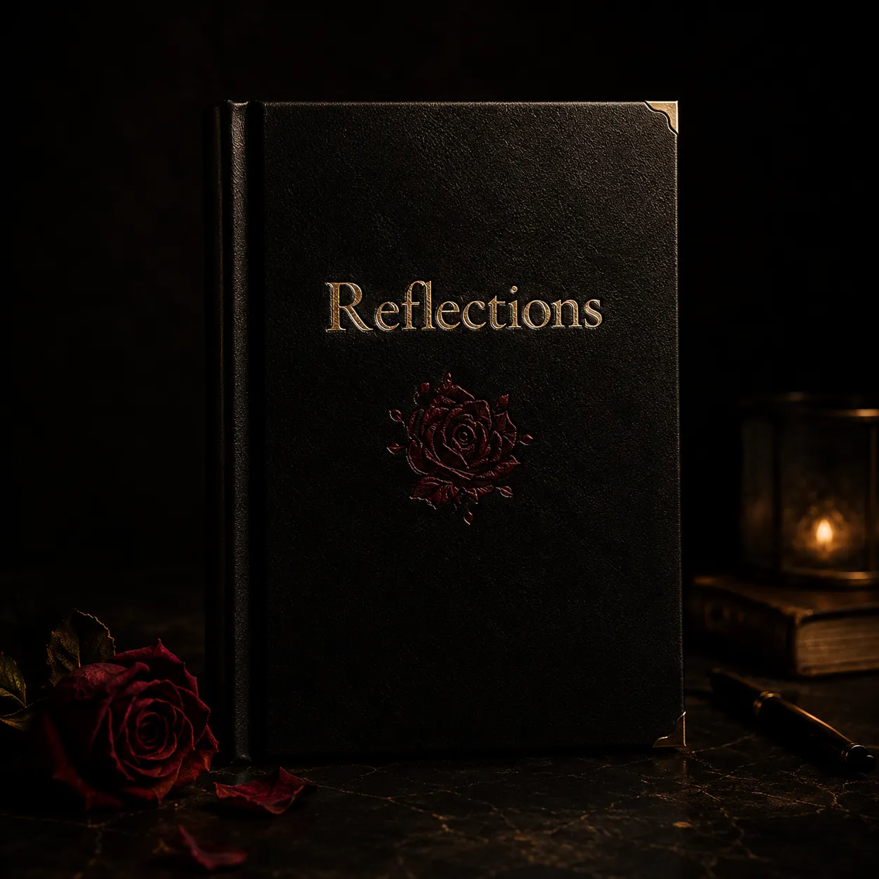 A black leather book titled Reflections with a gold-embossed rose emblem