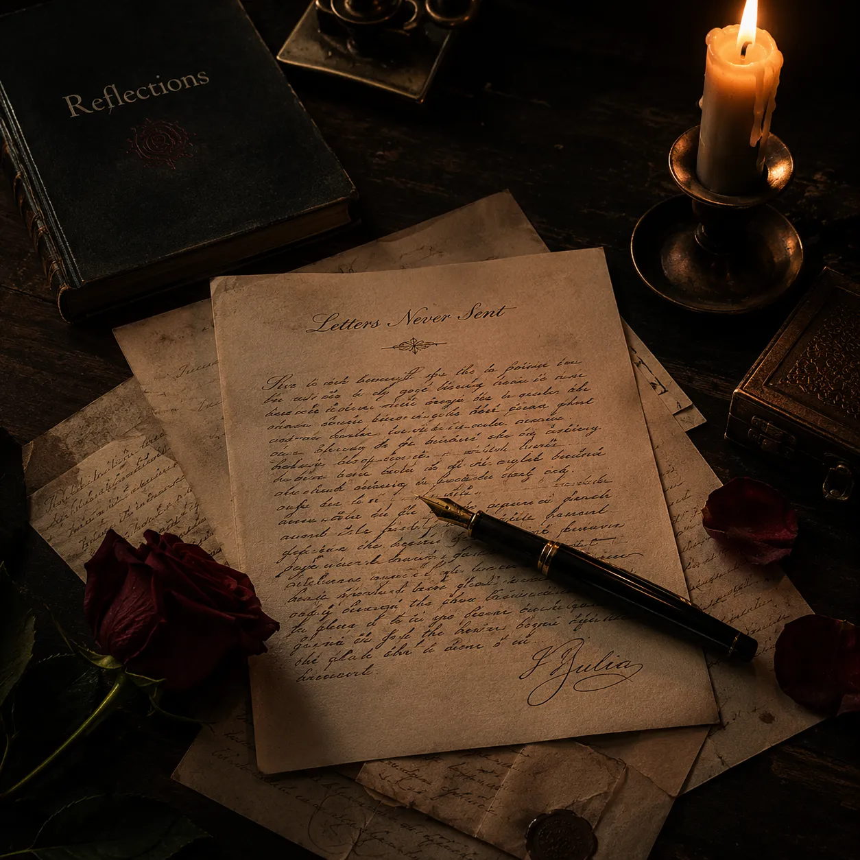 A handwritten letter titled Letters Never Sent beside a rose and lit candle
