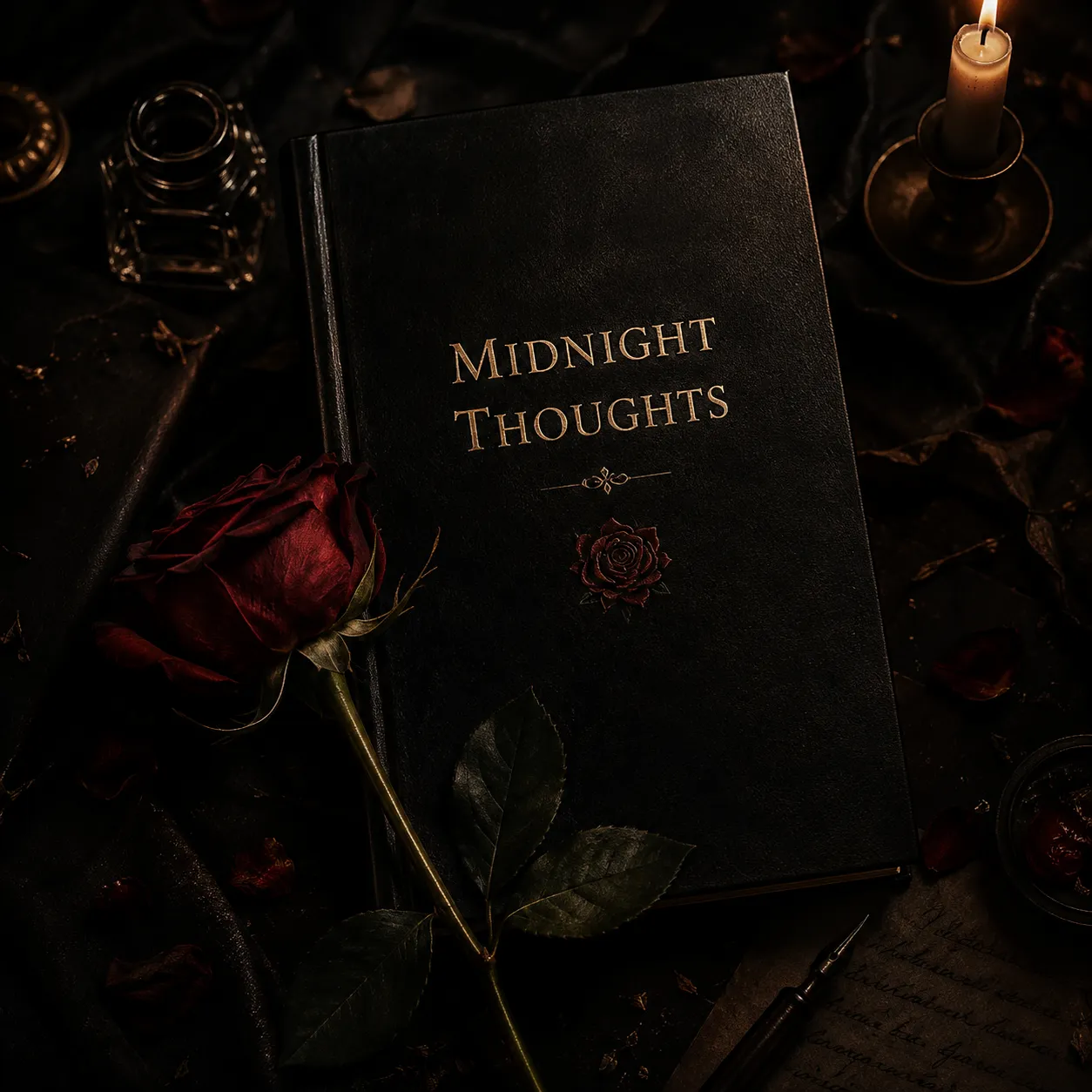 A black book titled Midnight Thoughts beside a rose and candle