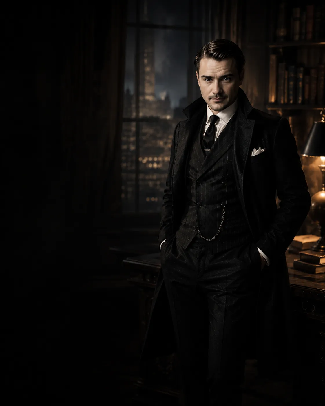 Julio standing in a warmly lit private study, city skyline visible through the window, bookshelves and a lamp beside him