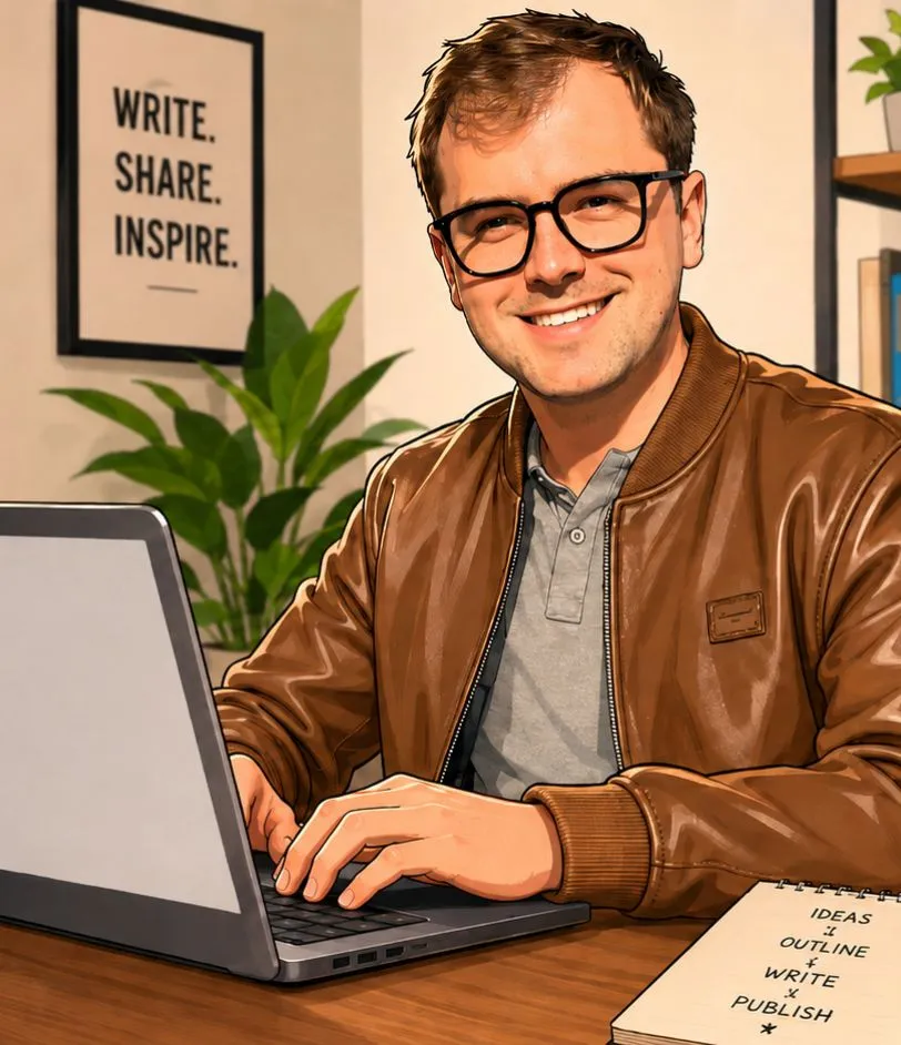 Illustrated cartoon of Brent Coleman writing content at his desk