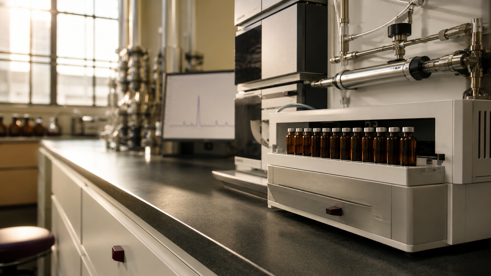 Onsite analytical laboratory bench with an HPLC column and a tray of sealed amber sample vials