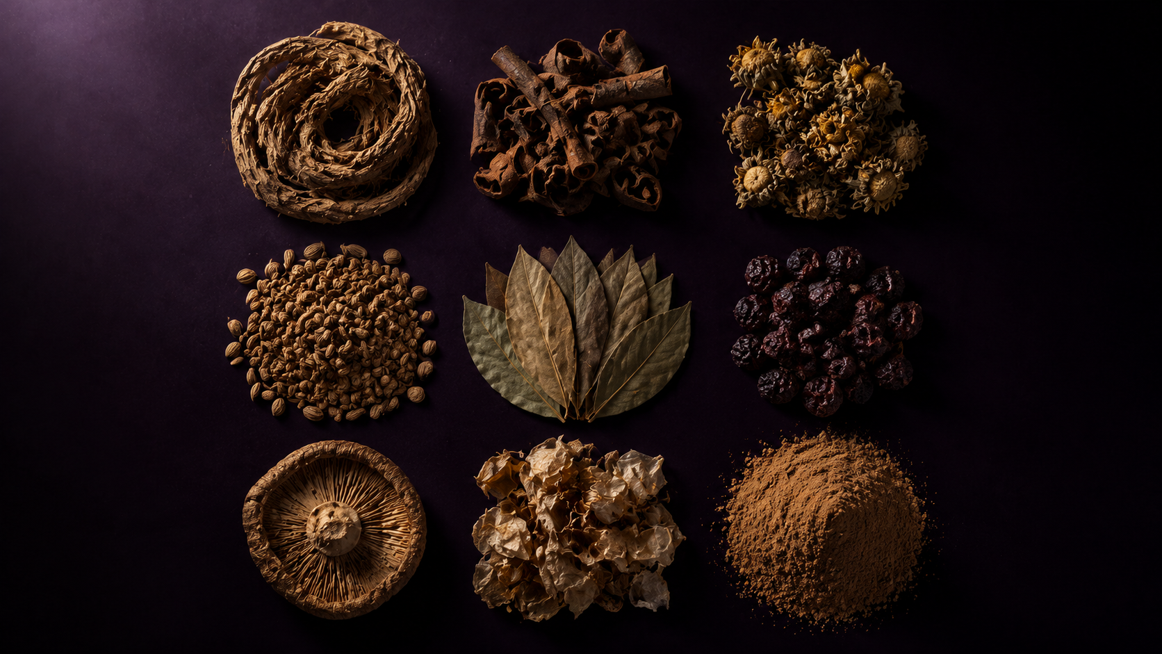 Nine dried botanical materials arranged in a grid like a type specimen tray
