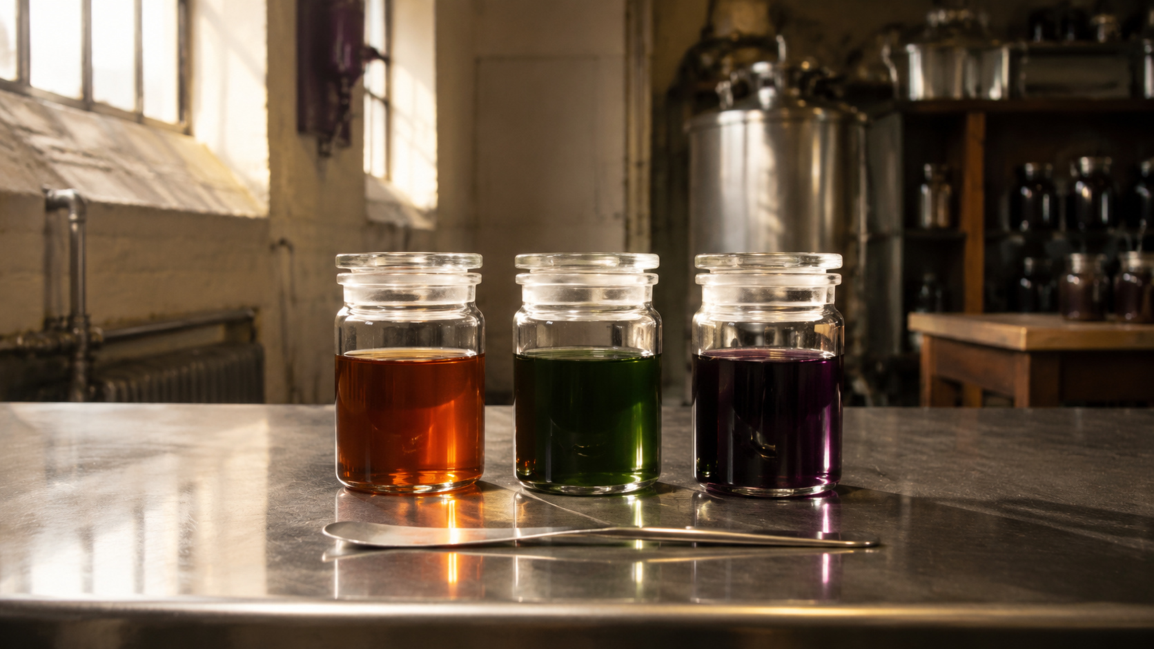 Three custom botanical extracts in sealed borosilicate vessels on an R&D bench