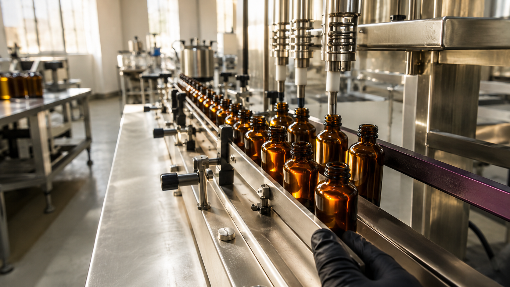 Unlabelled amber glass bottles moving along a stainless filling line
