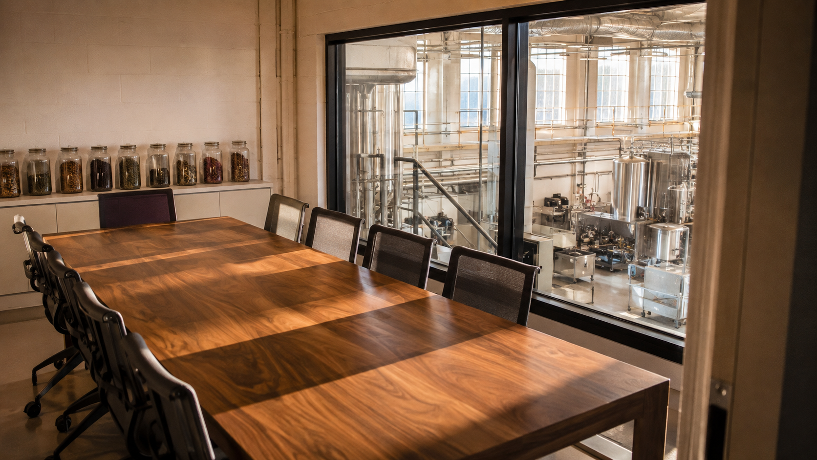 A conference room with botanical specimen jars overlooking the extraction plant floor