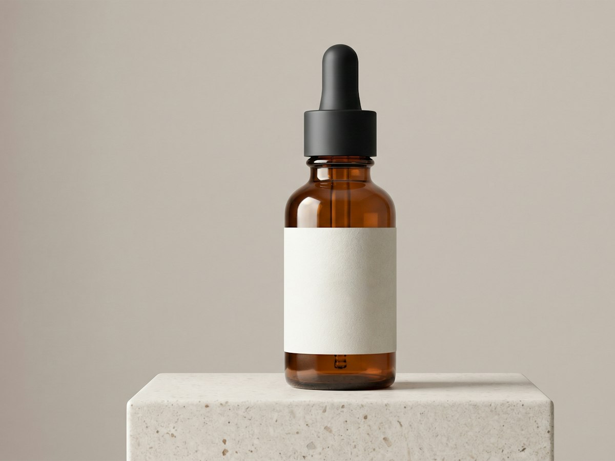 Amber glass dropper bottle of liquid herbal extract