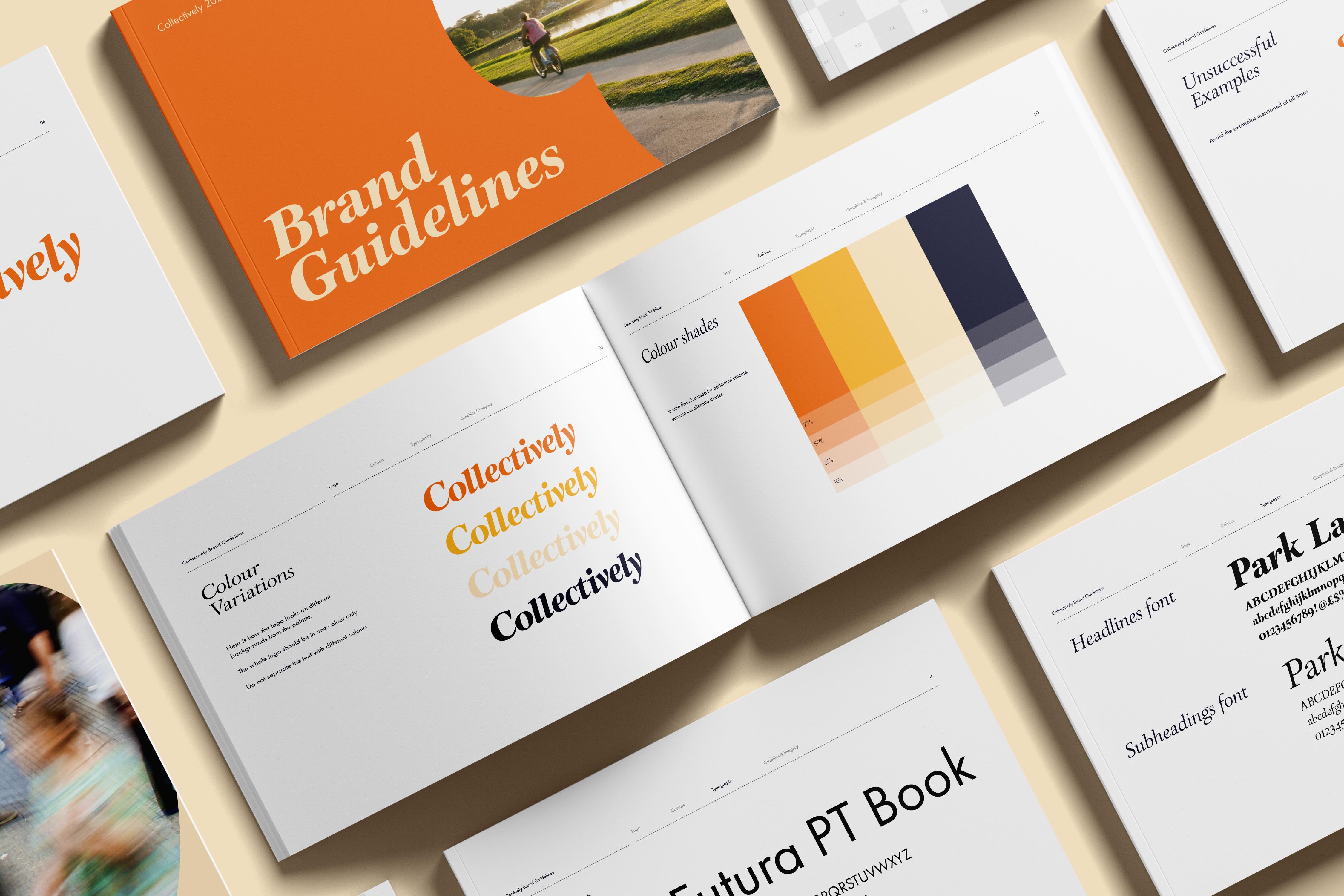 Open brand guidelines book with sections showing colour variations of the word 'Collectively' in orange, yellow, beige, and black, a colour shades chart ranging from orange to dark blue, and typography details including fonts Park Lane and Futura PT Book.