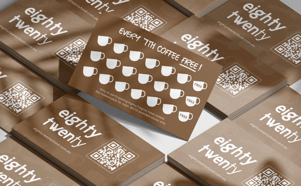 Coffee loyalty cards for Eighty Twenty with a stamp system showing coffee cup icons; every 7th coffee is free with three stamps labeled free, and a QR code present on each card.