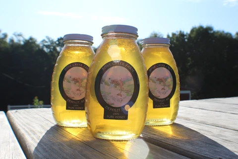 Three jars of Bone Creek Farm honey on a sunlit table.