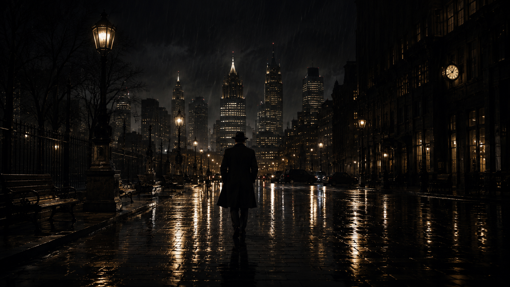A man walking alone down a rain-soaked city street at night
