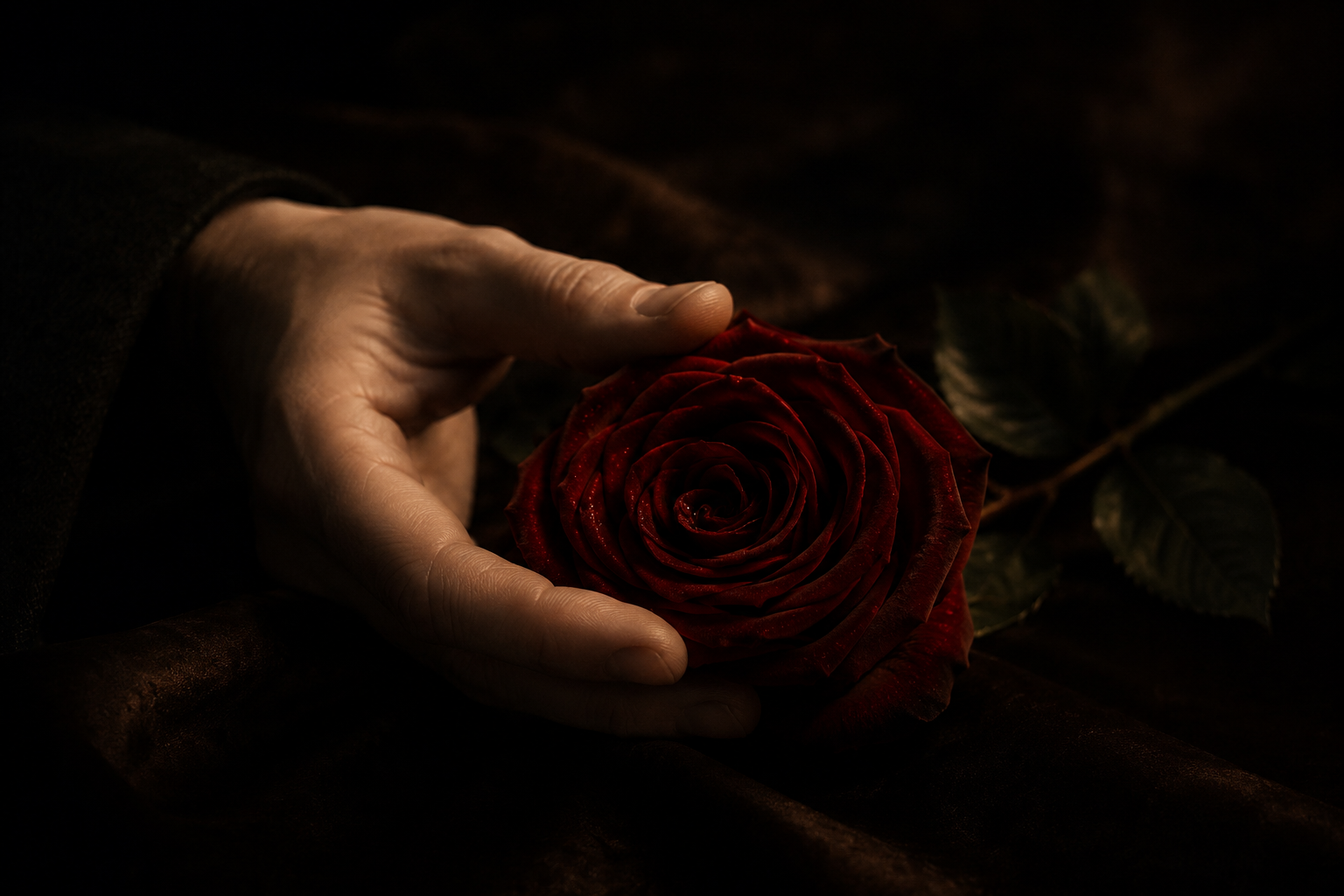 A hand gently cradling a dark red rose