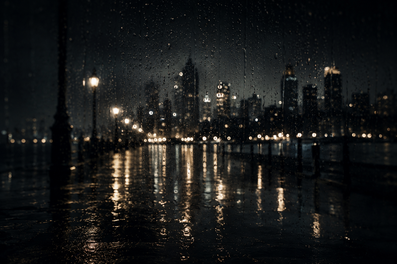 City skyline through a rain-streaked window at night