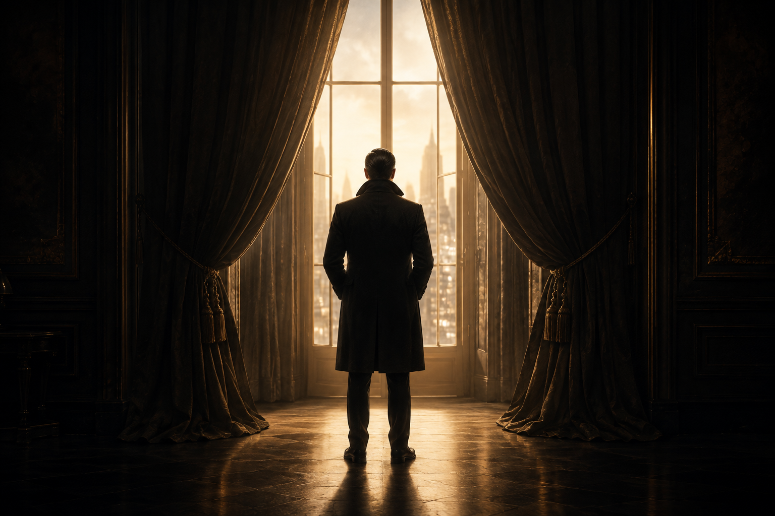 Silhouette of a man standing before curtained windows overlooking a lit city