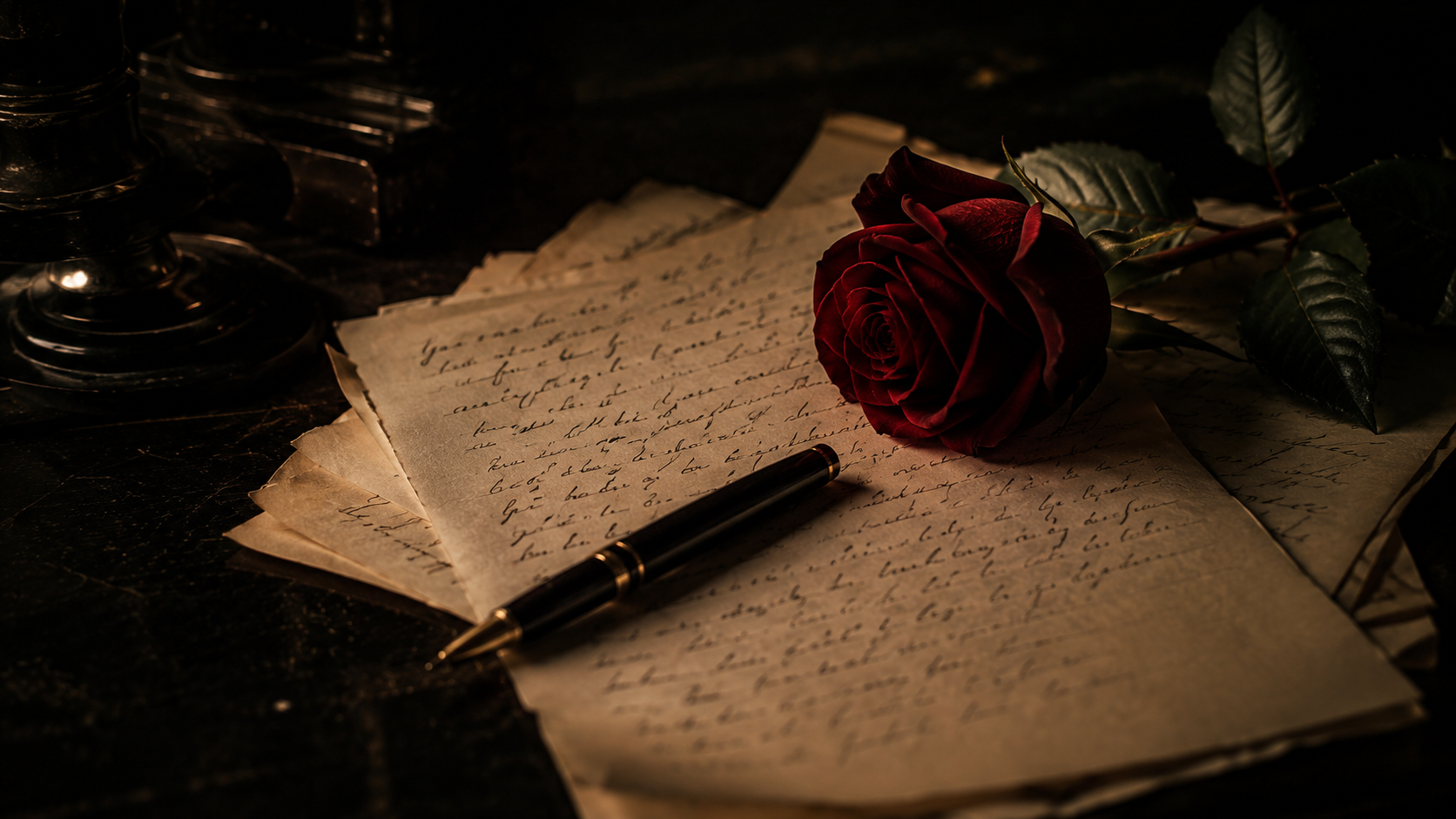 A red rose resting on a handwritten letter beside a pen
