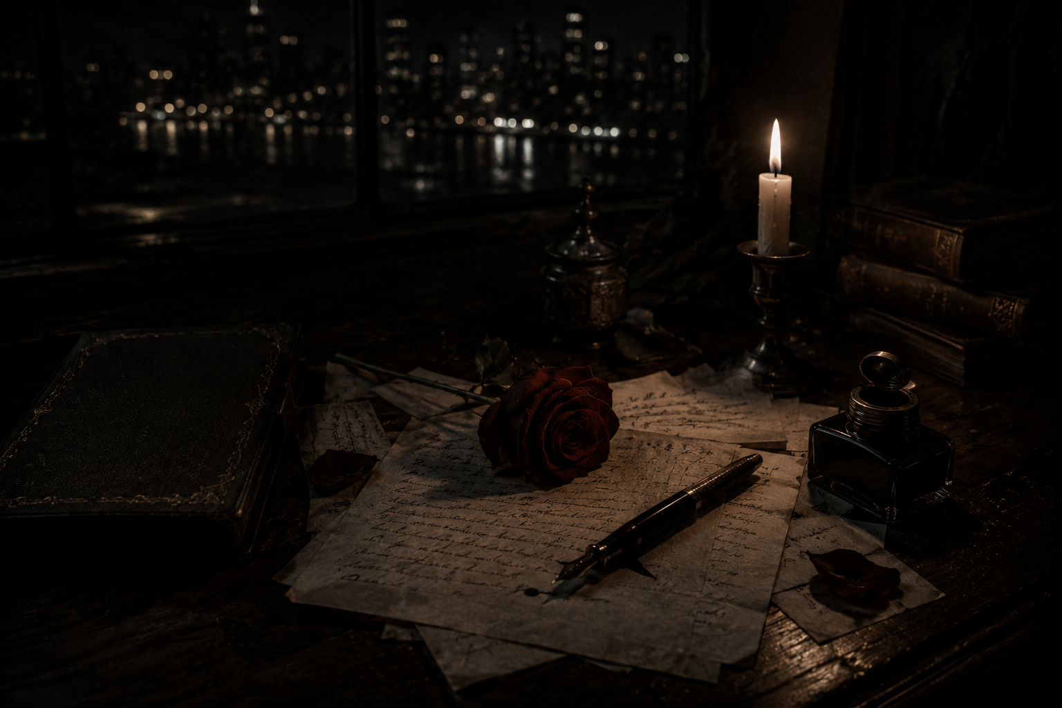A handwritten letter, rose, and lit candle on a dark desk