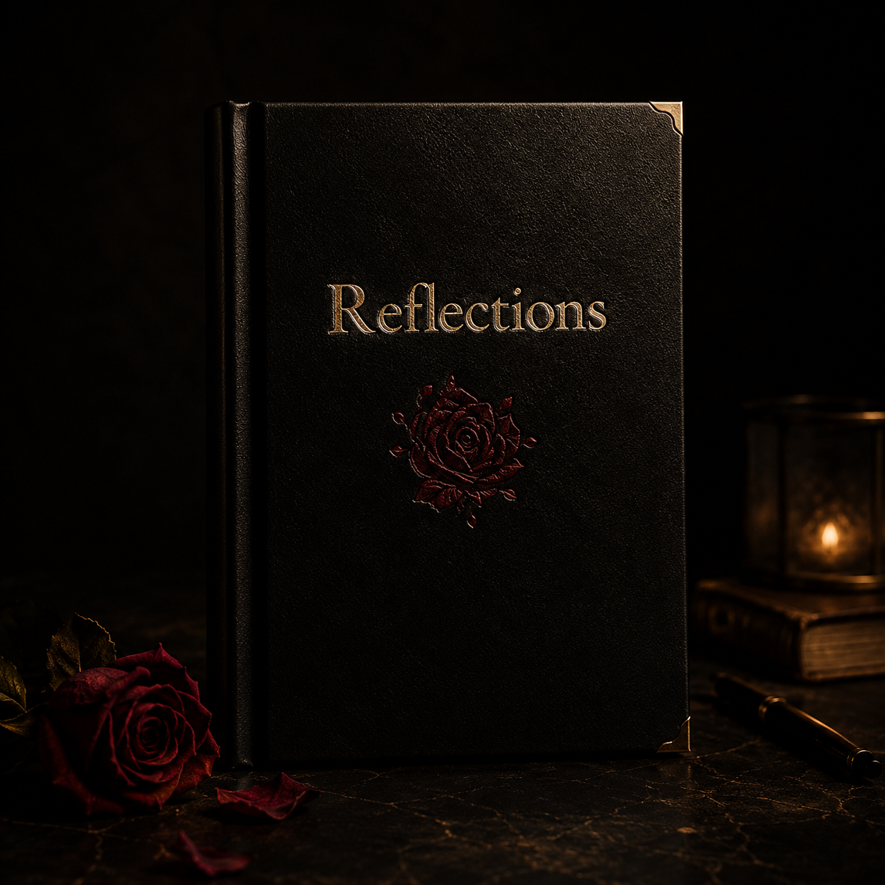 Black leather book titled Reflections with a gold rose emblem