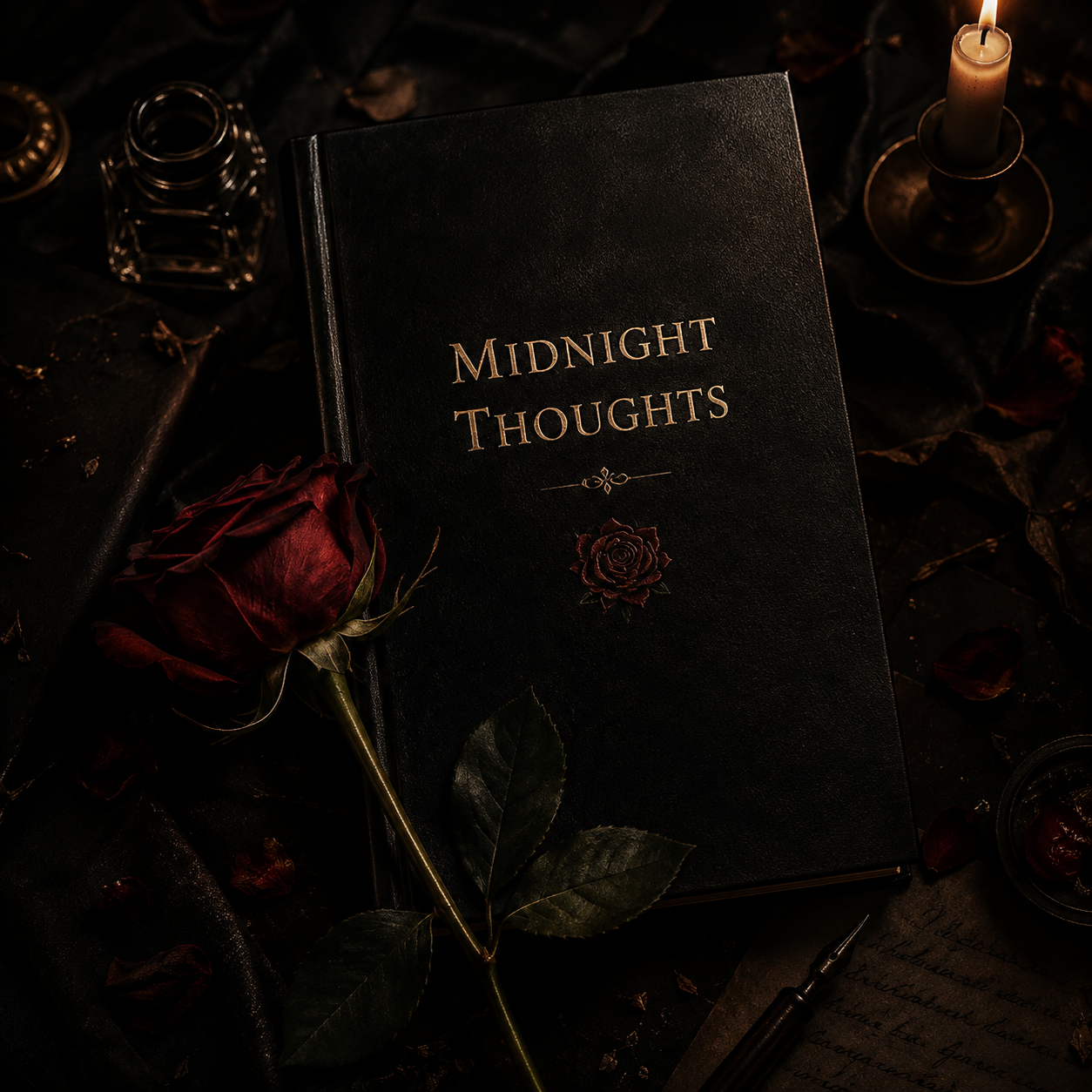 Black book titled Midnight Thoughts beside a rose and candle
