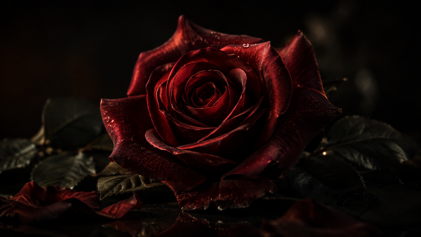 Close-up macro photograph of a dark red rose