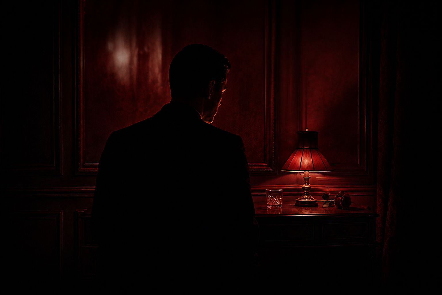 Silhouette of a man in a dimly lit red room beside a lamp