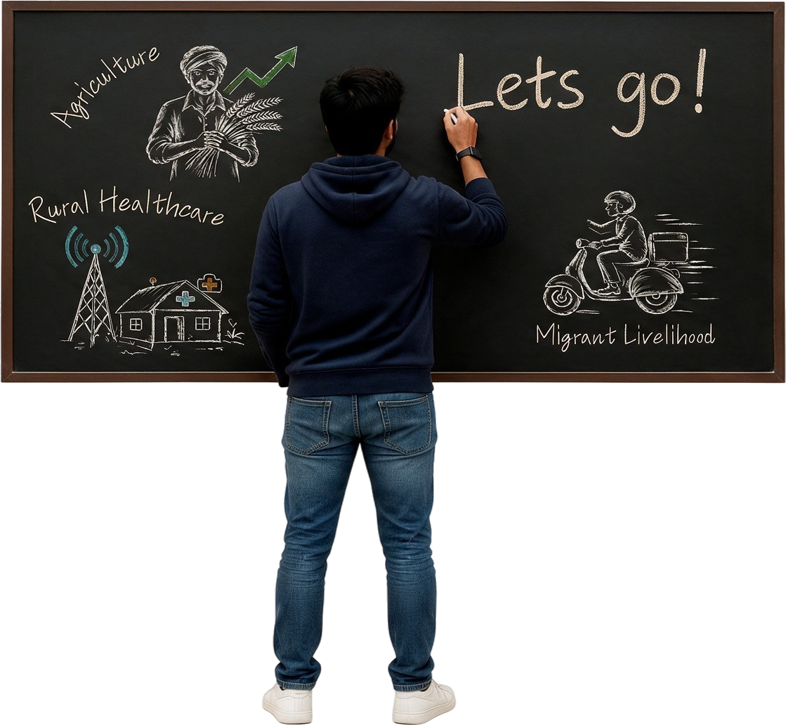 A student writes “Let’s go!” on a chalkboard sketched with the three themes: agriculture, rural healthcare and migrant livelihood.