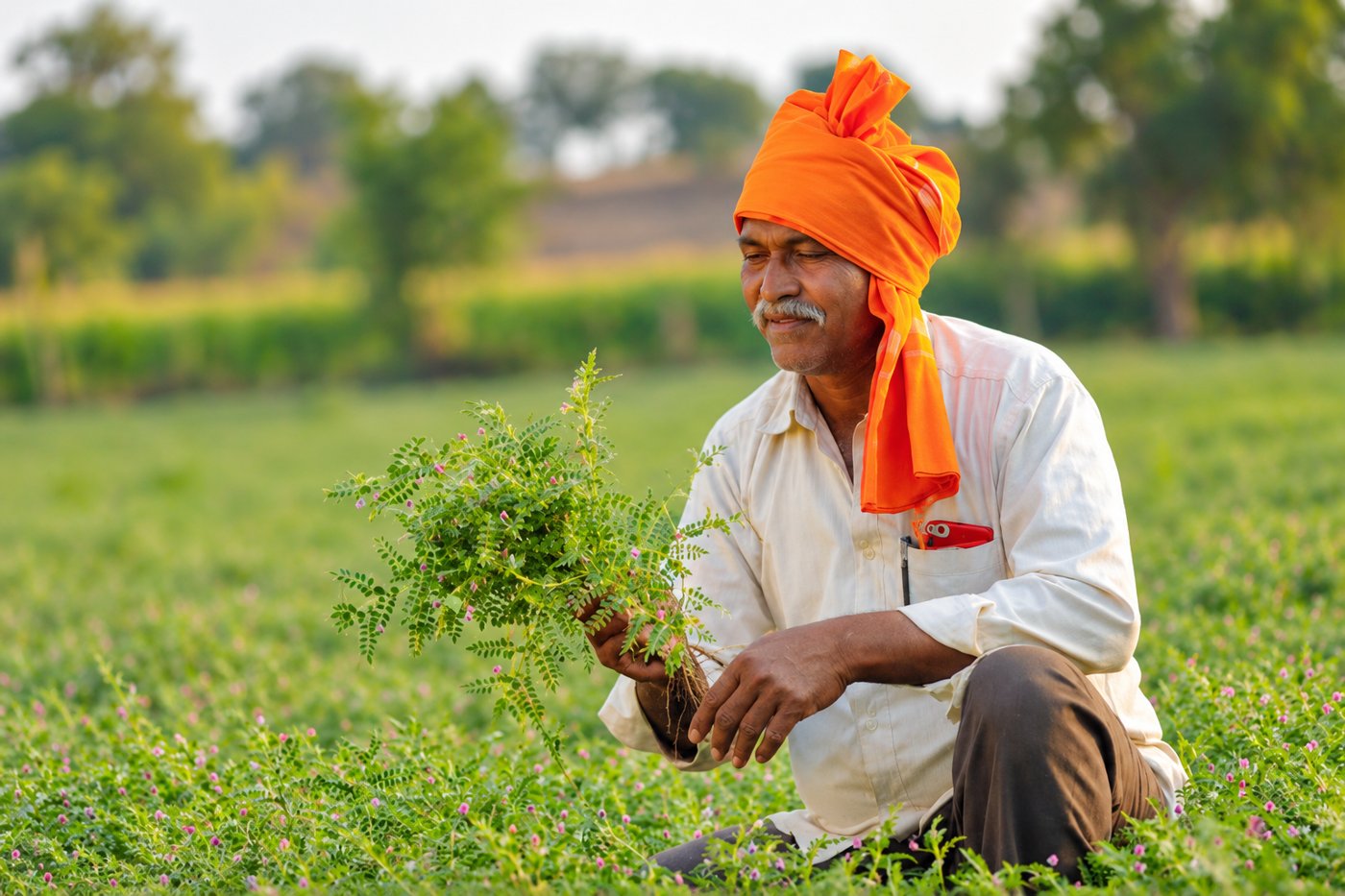Farmer holding a chickpea plant in his field