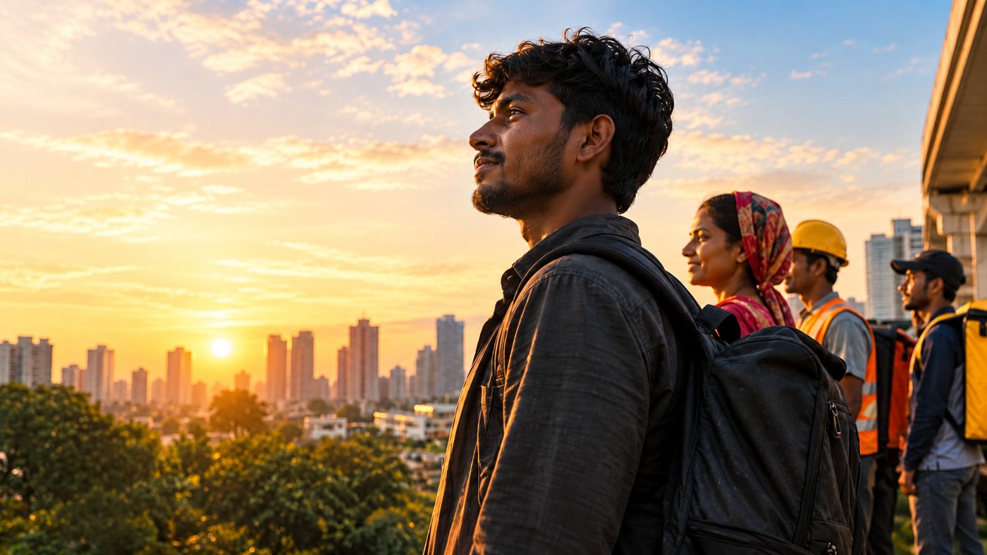 Migrant and gig workers look out over a city skyline at sunrise