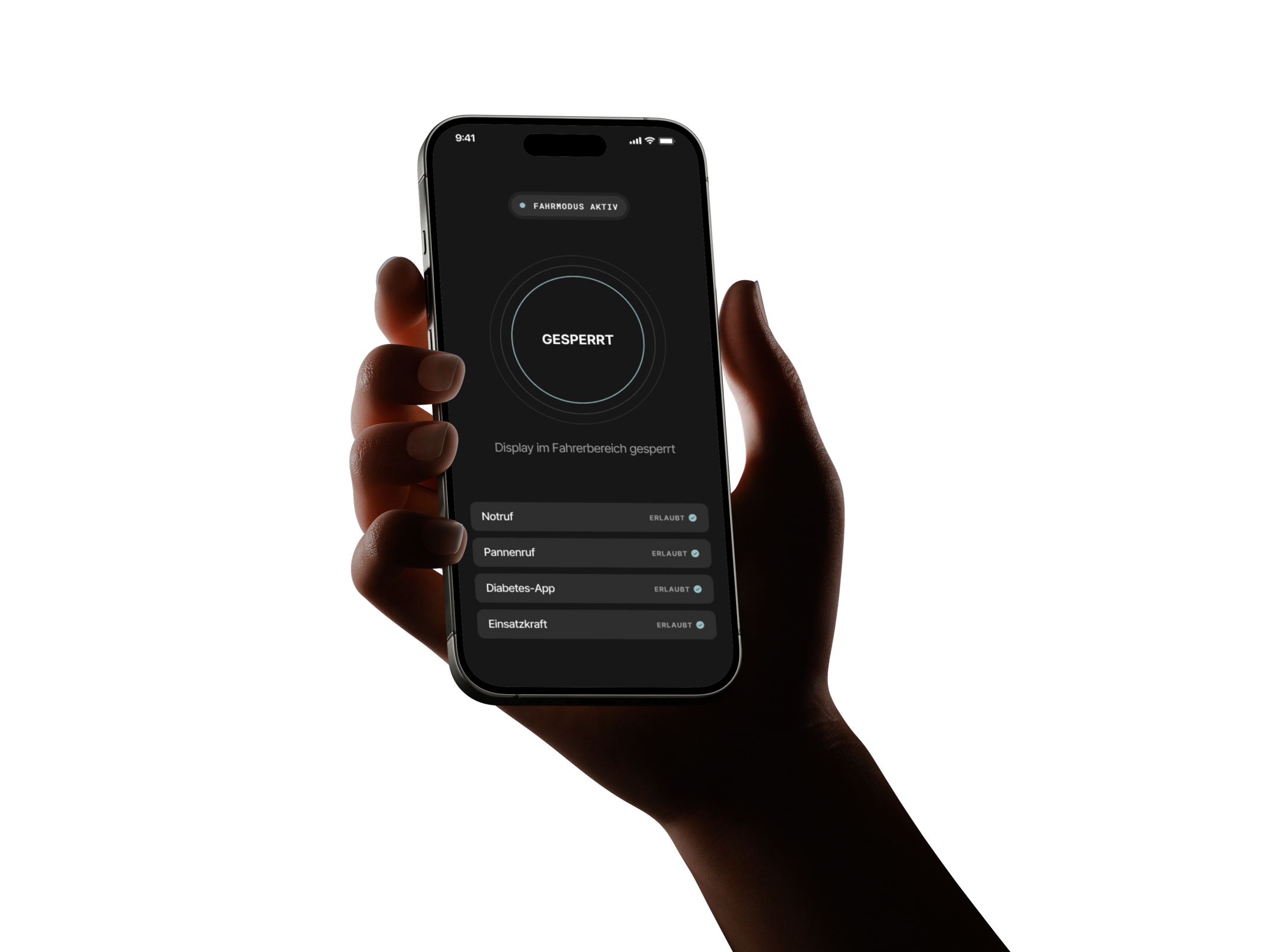 Hand hält Smartphone mit aktivem Fahrmodus – Display im Fahrerbereich gesperrt