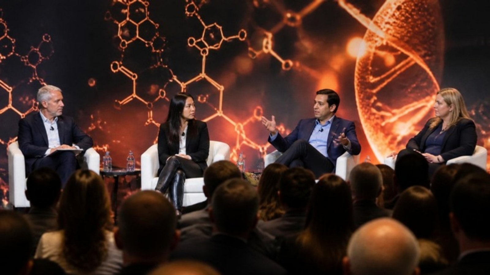 Life sciences executives in a panel discussion on stage