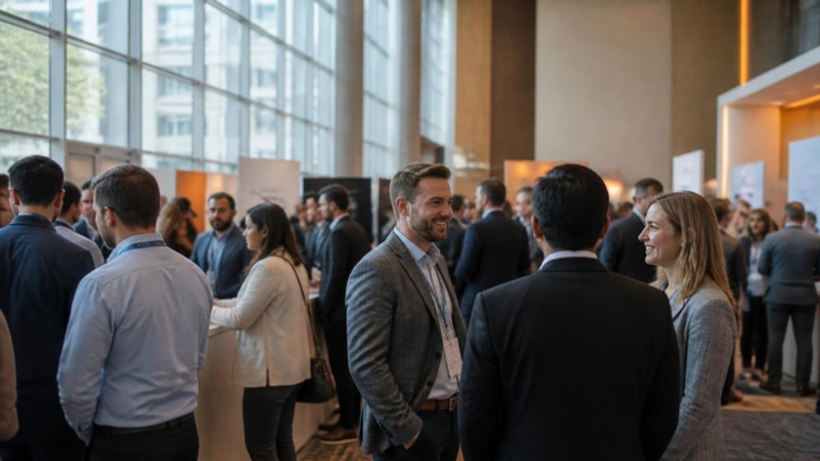 Professionals networking on a conference expo floor