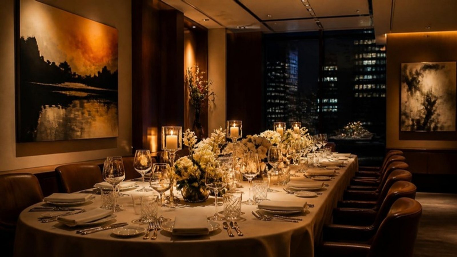 Private dining room set for an executive dinner in Midtown Manhattan