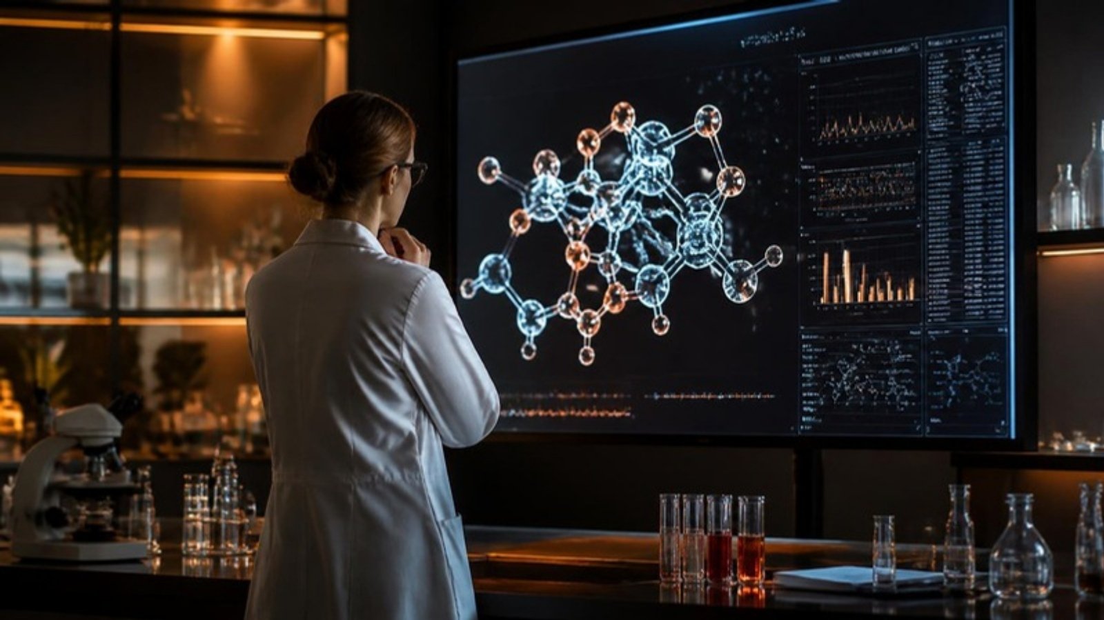 Biotech scientist reviewing molecular data, illustrating an AI data strategy for faster R&D