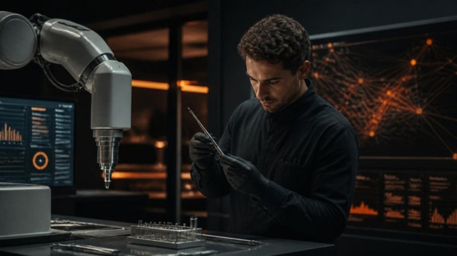 Medical device engineer and robotic assembly line, illustrating agentic AI in MedTech