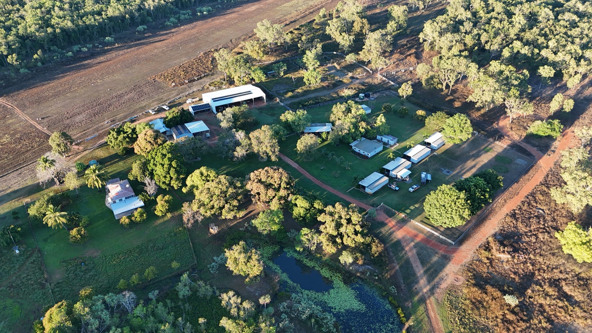 Aerial view of the station buildings and the country around them