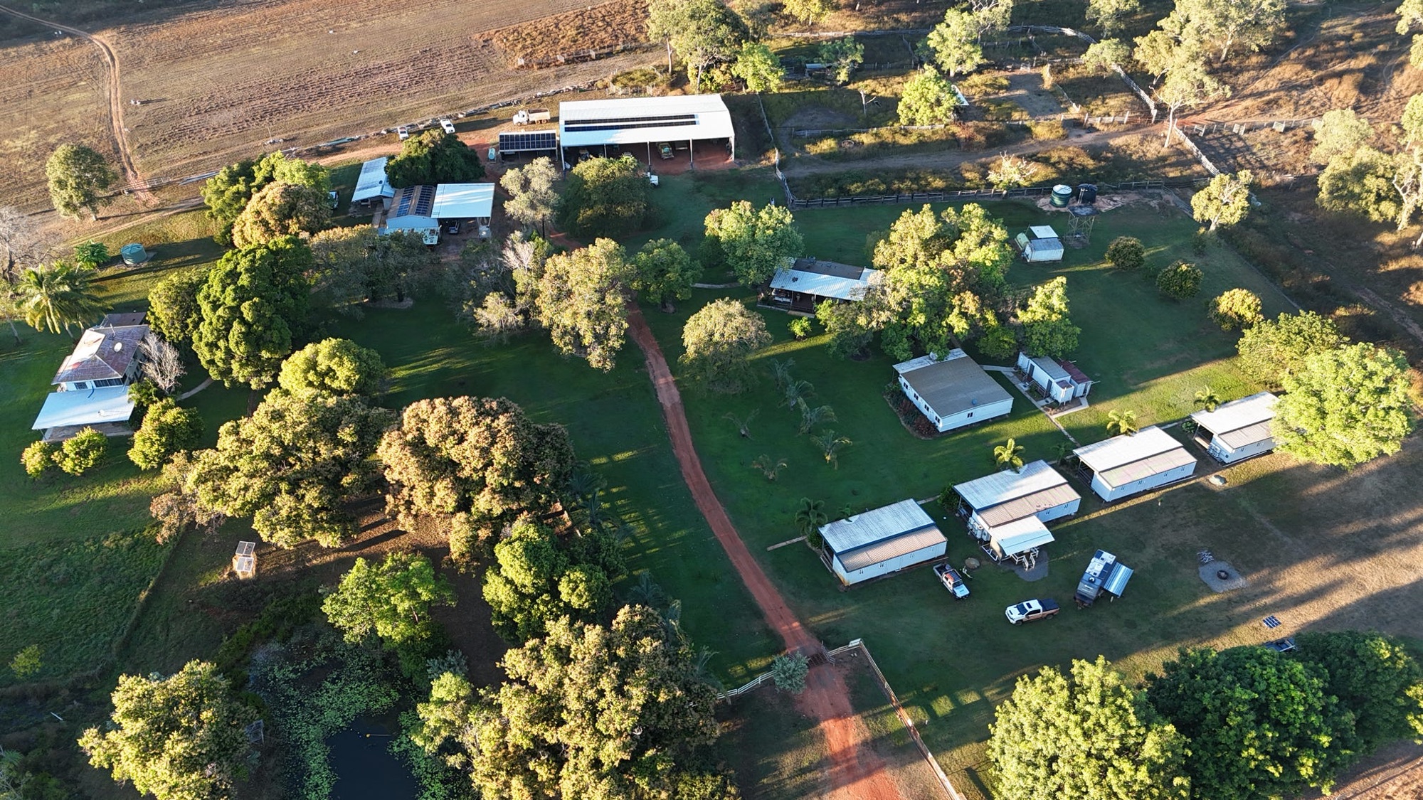 The station compound seen from the air in late afternoon