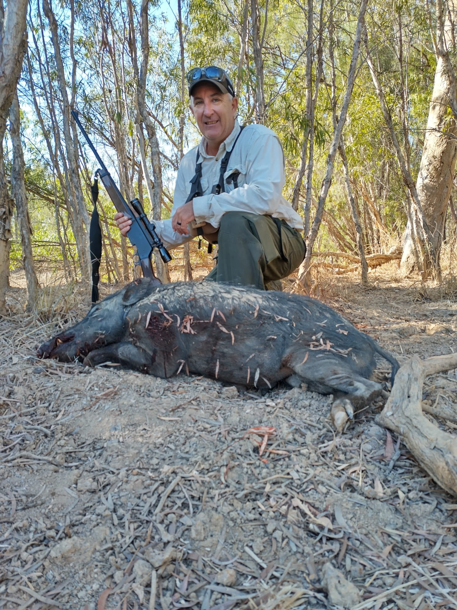 A hunter with a rifle crouching behind a wild boar in a leaf-strewn clearing