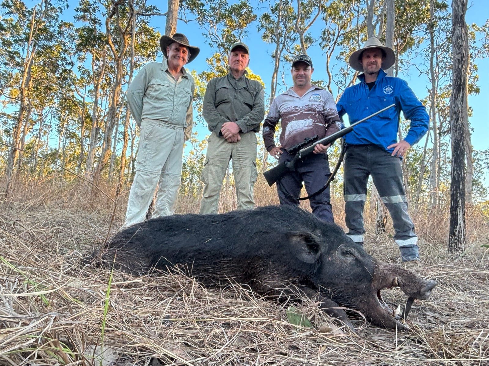 Four people standing behind a large wild boar in open eucalypt forest