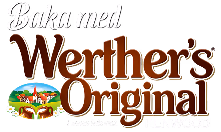 Werther’s Original logo with Baka med text and a scenic village illustration.