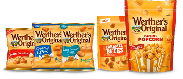 Five packs of Werther's Original candies and caramel popcorn, including cream candies and caramel bites.